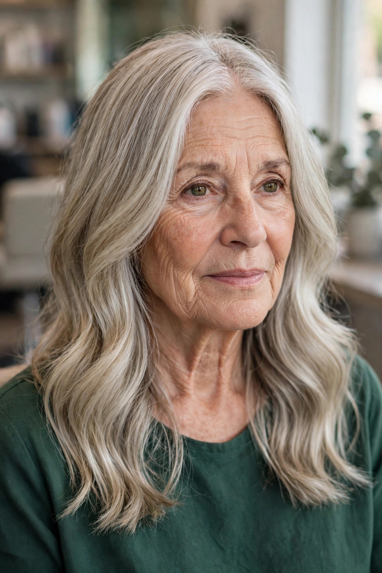 Long Wavy Layers with a Center Part - wavy hairstyle for a woman over 60 with loose soft S-waves