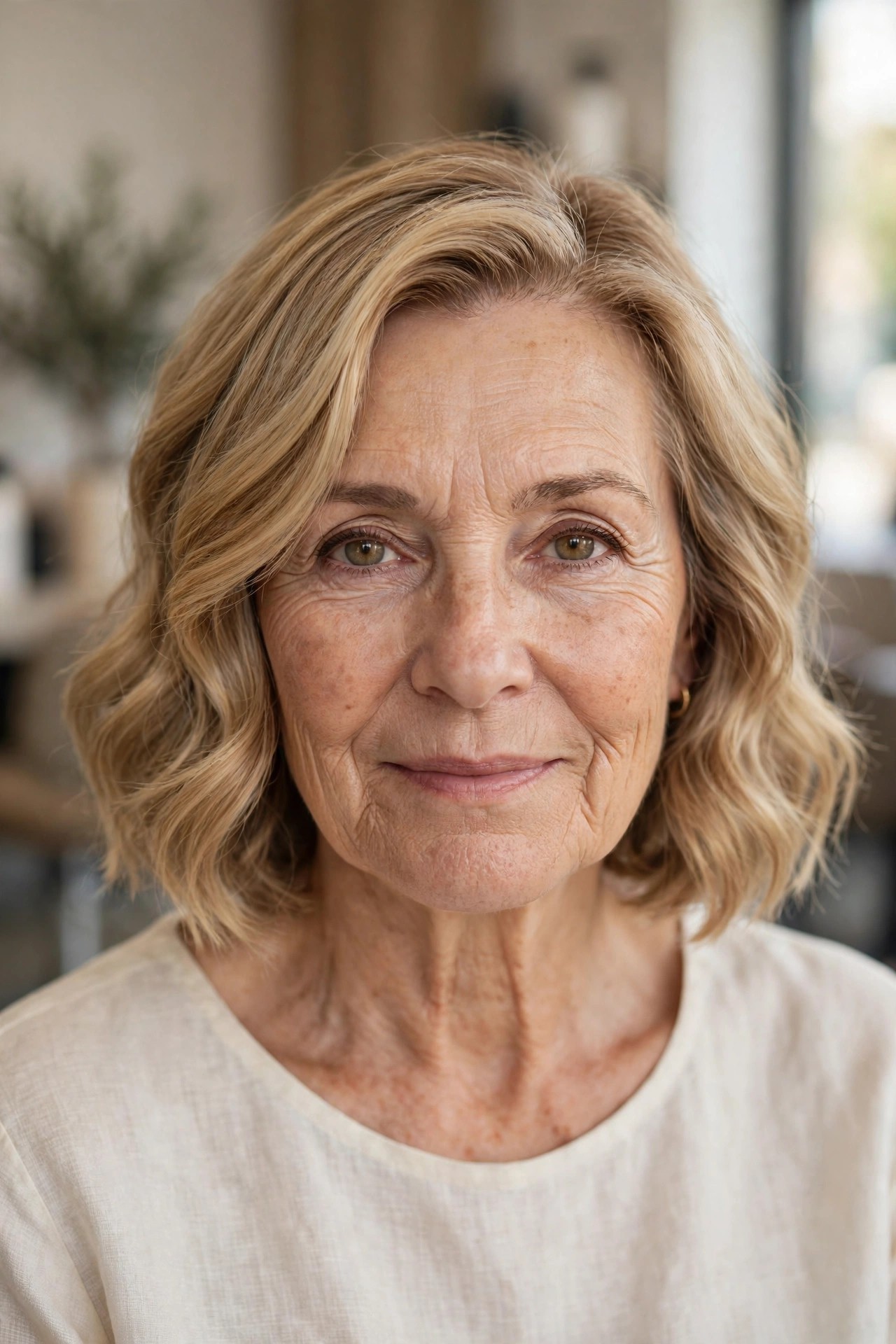 Chin-Length Gentle Waves with a Side Part - wavy hairstyle for a woman over 60 with loose soft S-waves