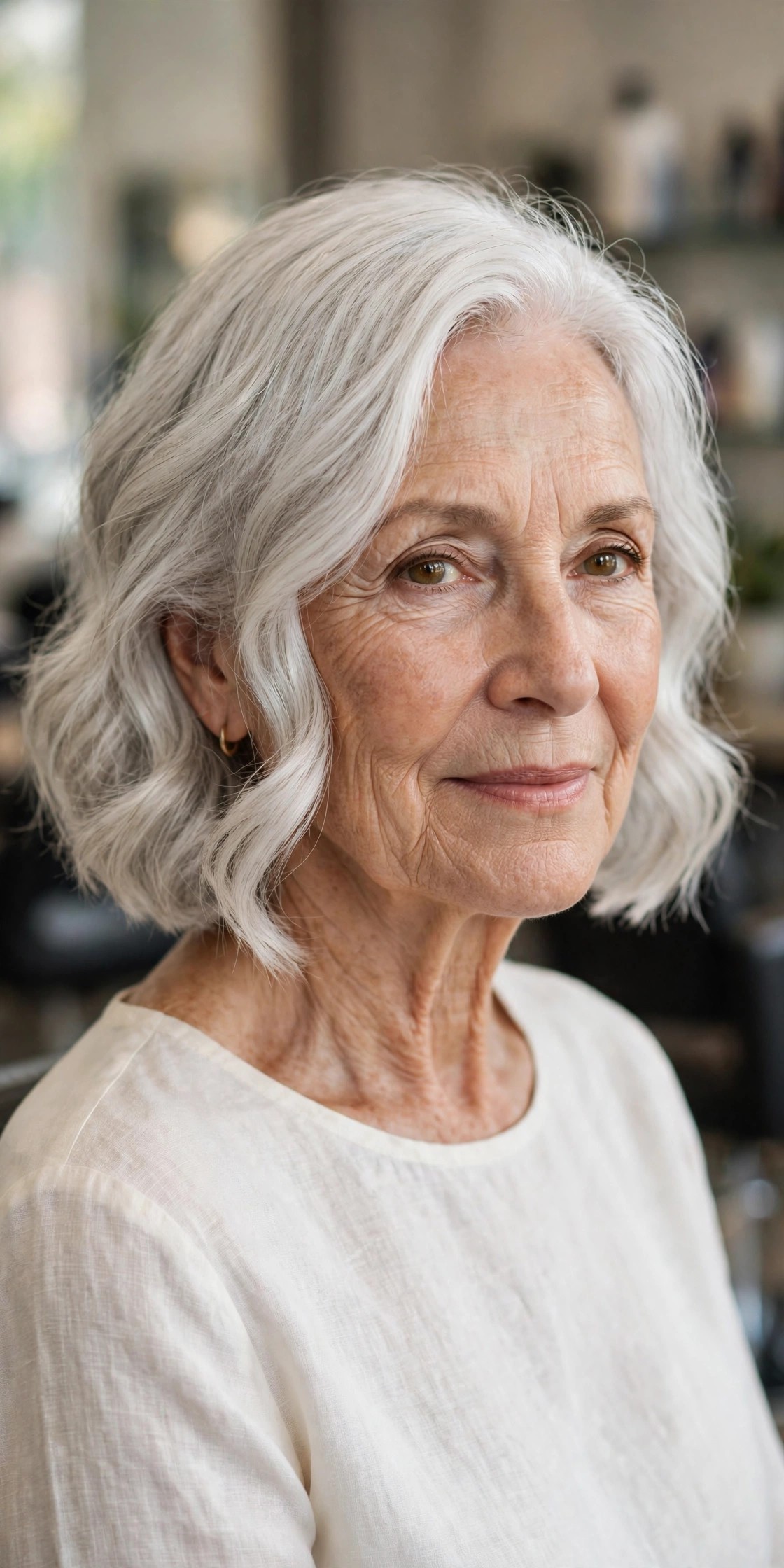 Elegant Wavy Bob with a Tucked Side - wavy hairstyle for a woman over 60 with loose soft S-waves