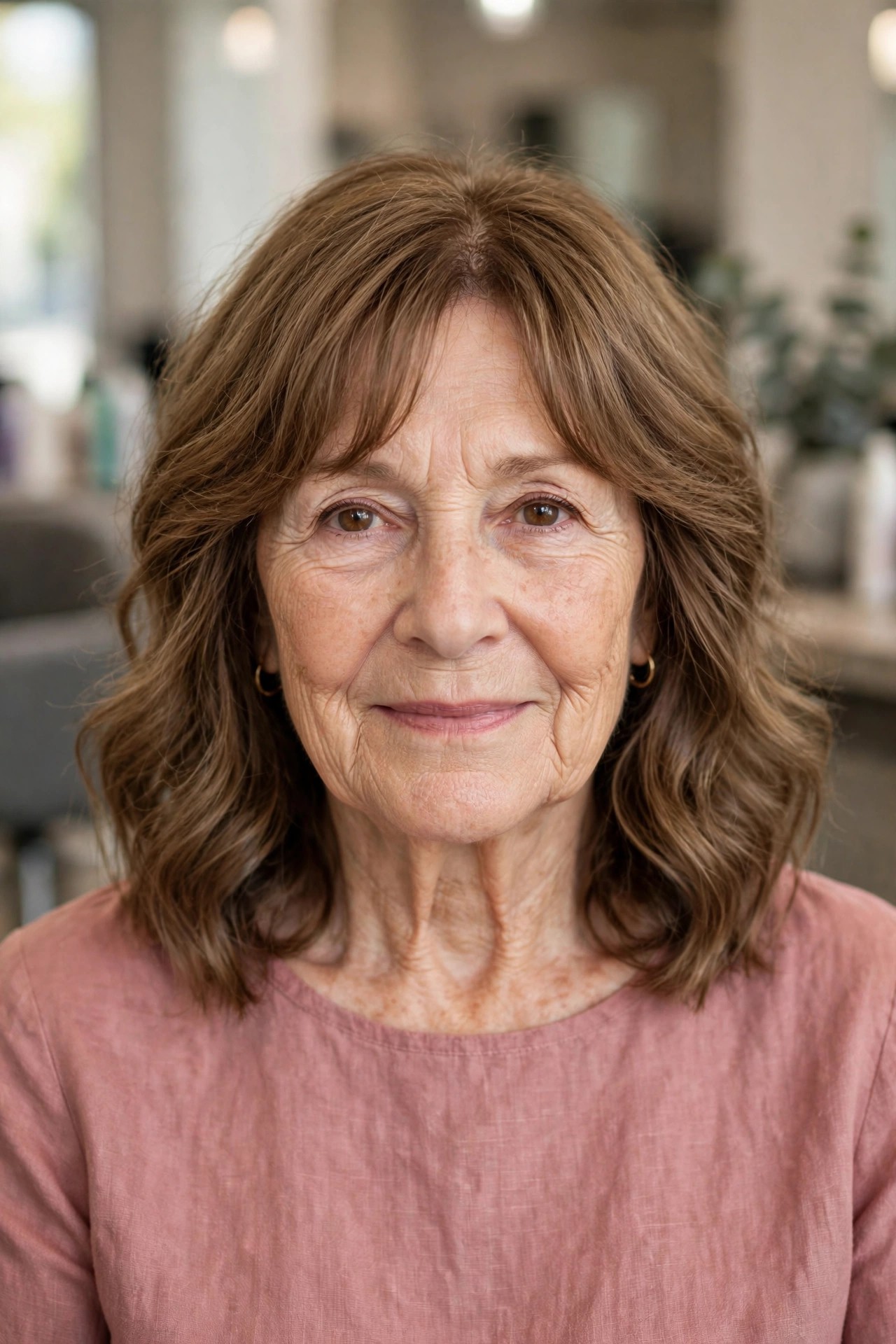 Wavy Lob with Soft Curtain Bangs - wavy hairstyle for a woman over 60 with loose soft S-waves