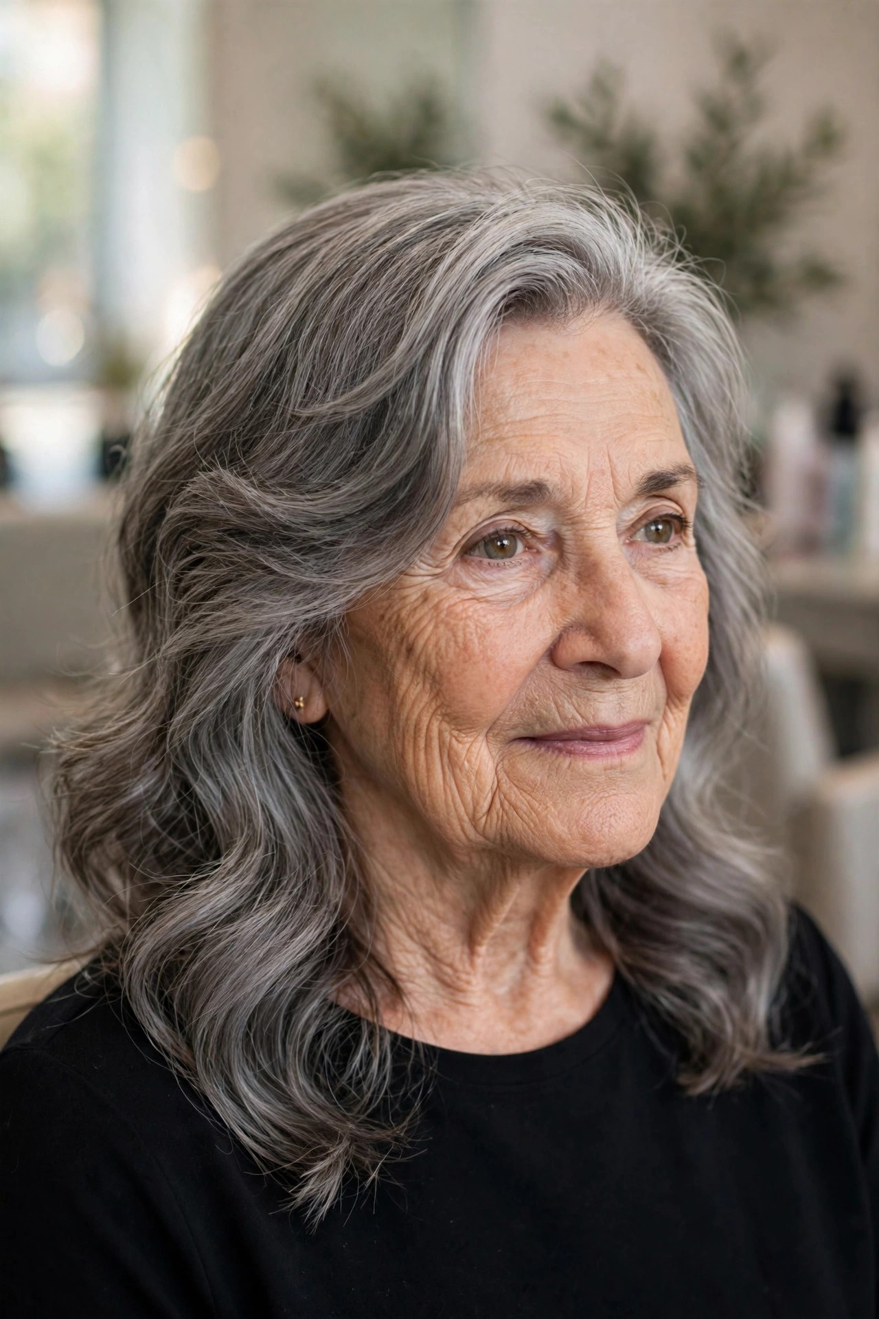 Natural Gray Waves with a Deep Side Sweep - wavy hairstyle for a woman over 60 with loose soft S-waves