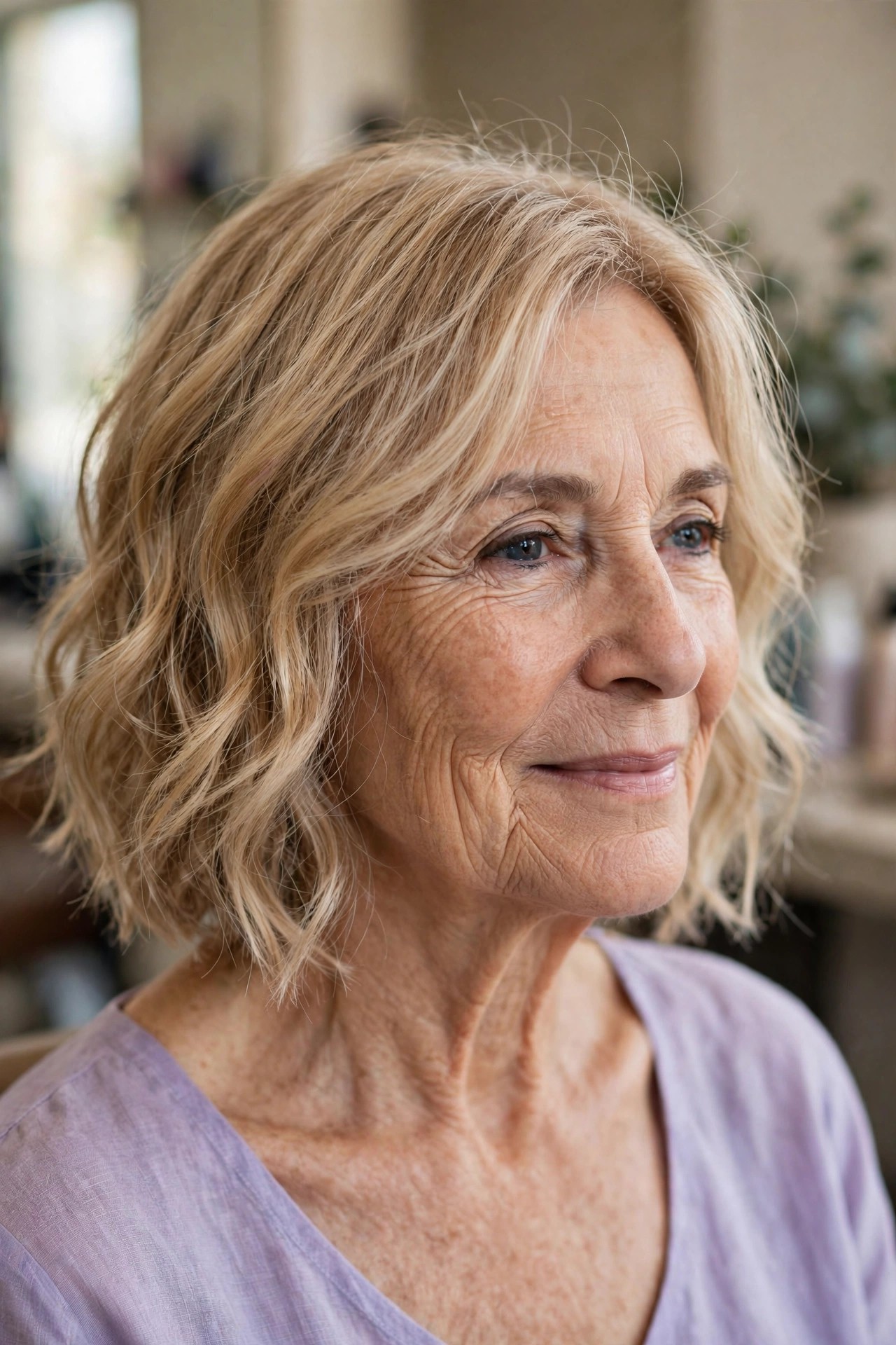 Feathered Wavy Layers for Fine Hair - wavy hairstyle for a woman over 60 with loose soft S-waves