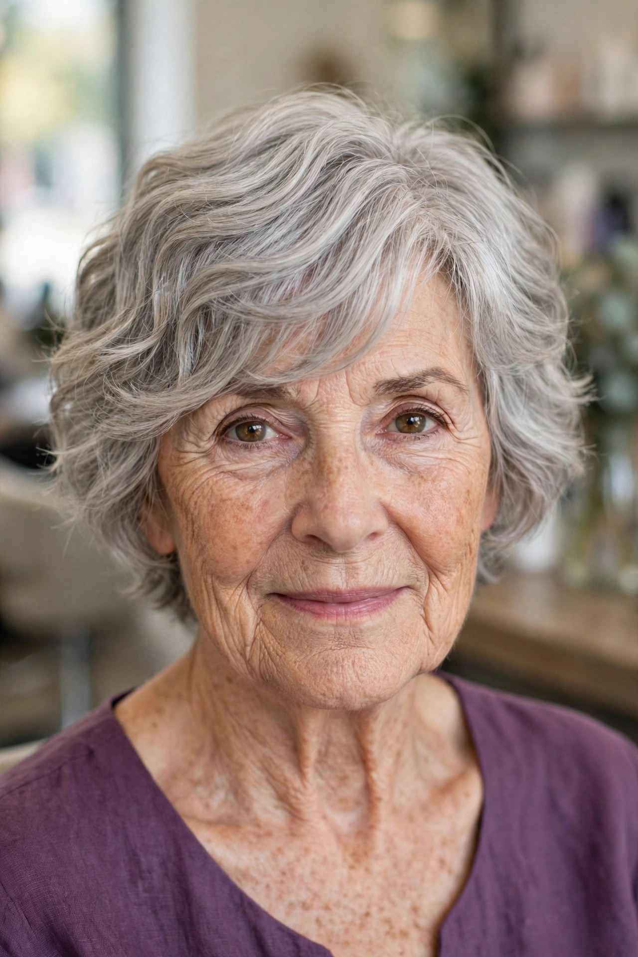 Wavy Pixie-Bob with a Longer Fringe - wavy hairstyle for a woman over 60 with loose soft S-waves