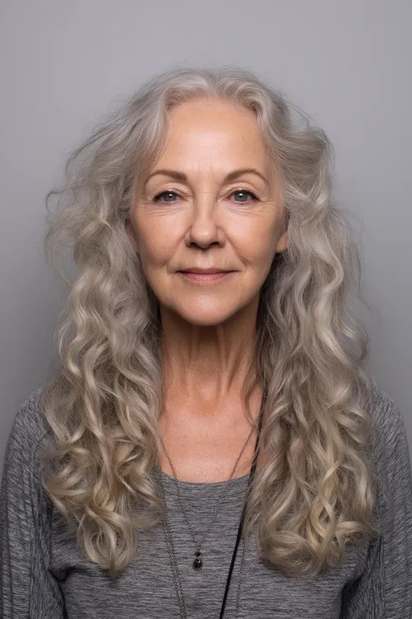 Long Silver Waves With a Soft Center Part — wavy hairstyle on a woman over 70, soft and natural