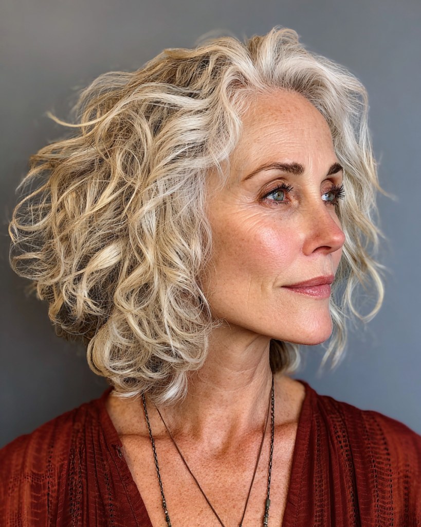 Wavy Lob in Warm Blonde-Gray — wavy hairstyle on a woman over 70, soft and natural