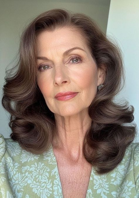 Medium Brunette Waves With Silver Threads — wavy hairstyle on a woman over 70, soft and natural