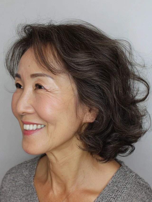 Dark Wavy Bob-Medium Length With Shine — wavy hairstyle on a woman over 70, soft and natural