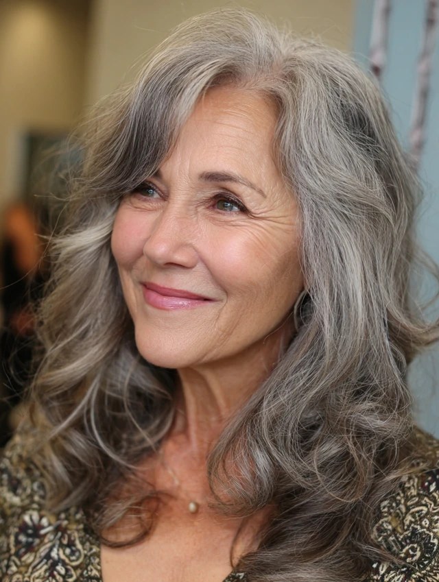 Long Salt-and-Pepper Waves — wavy hairstyle on a woman over 70, soft and natural