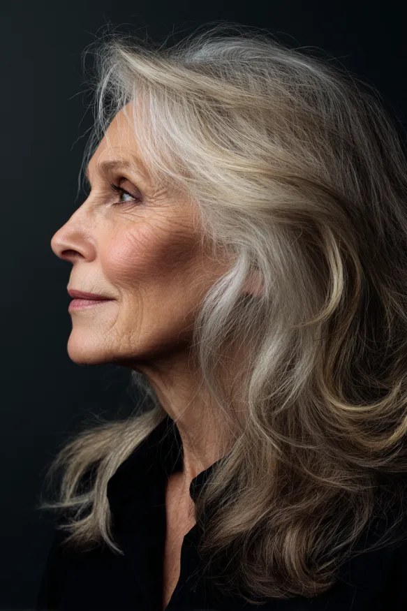 Long Wavy Hair in Profile, Soft and Full — wavy hairstyle on a woman over 70, soft and natural