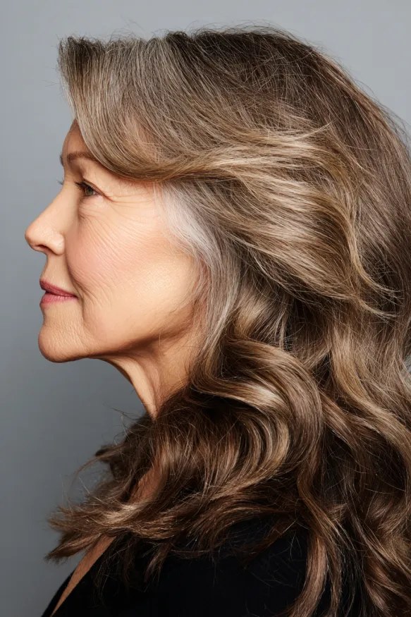 Long Chestnut Waves With Gray at the Temples — wavy hairstyle on a woman over 70, soft and natural
