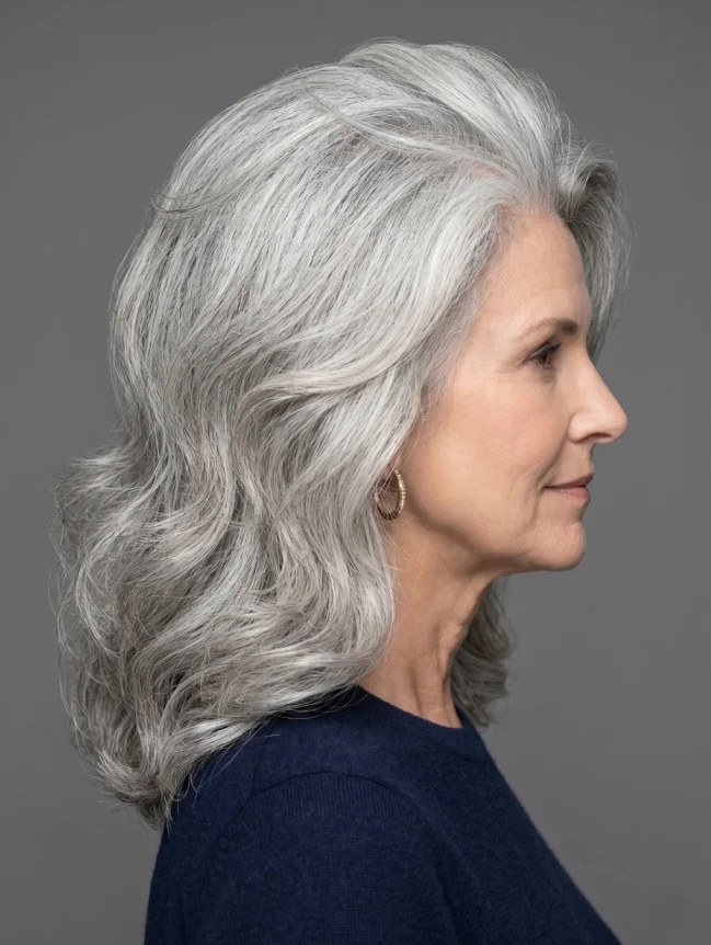 Long White Waves Swept Back — wavy hairstyle on a woman over 70, soft and natural