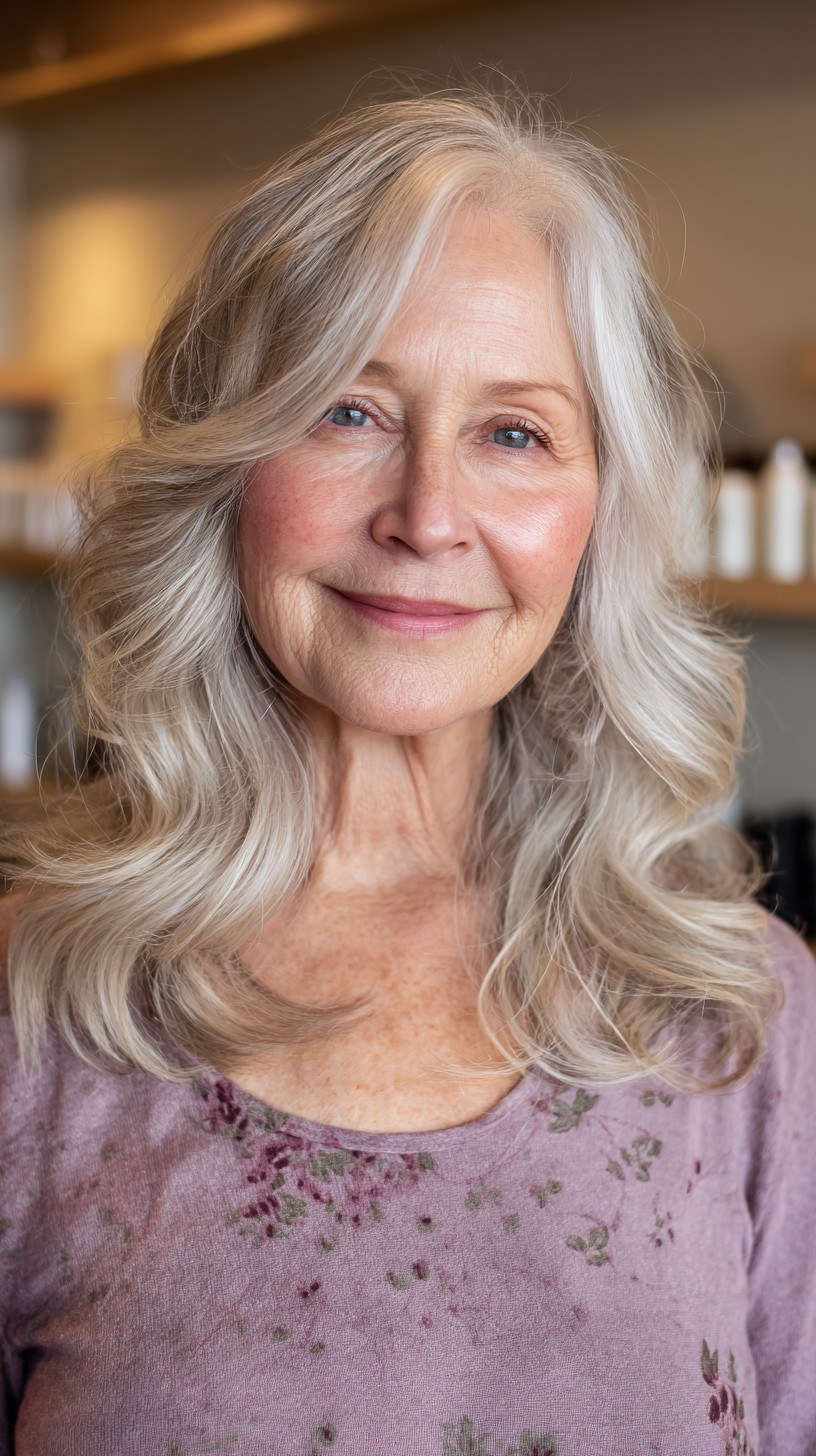 Long Wavy Hair With Bangs, Gentle and Bright — wavy hairstyle on a woman over 70, soft and natural