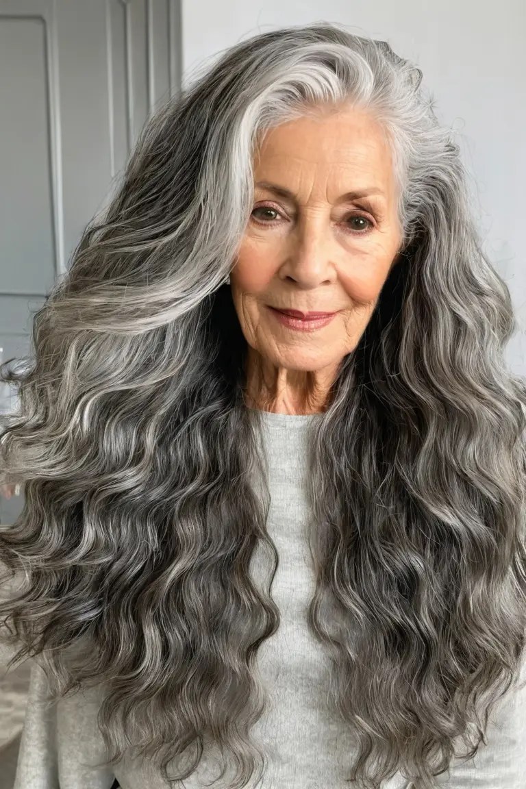 Very Long Gray Waves, Statement Length — wavy hairstyle on a woman over 70, soft and natural