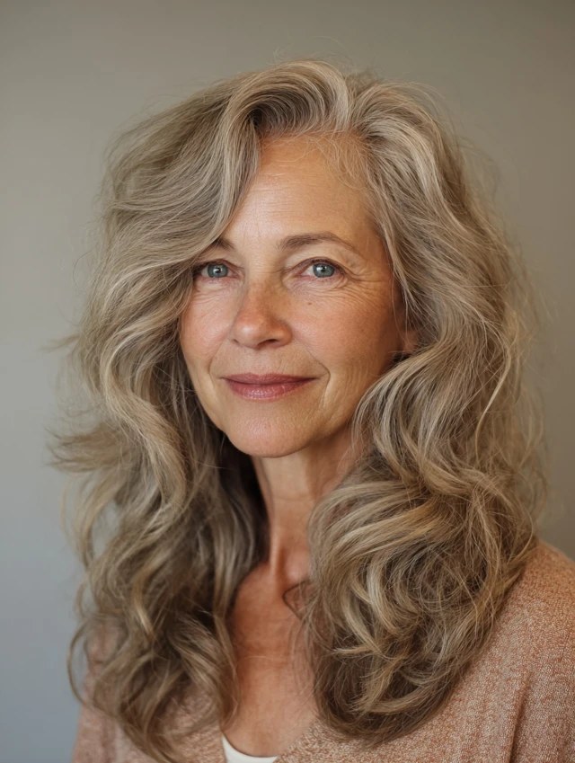 Long Ash-Blonde Waves With Movement — wavy hairstyle on a woman over 70, soft and natural