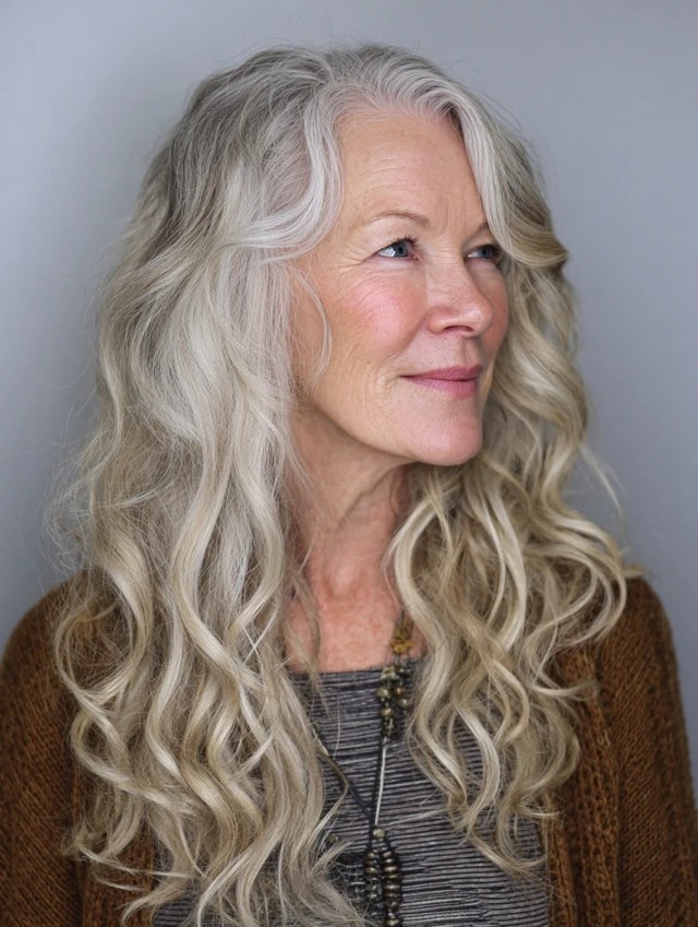 Long White Waves in a Soft Profile — wavy hairstyle on a woman over 70, soft and natural