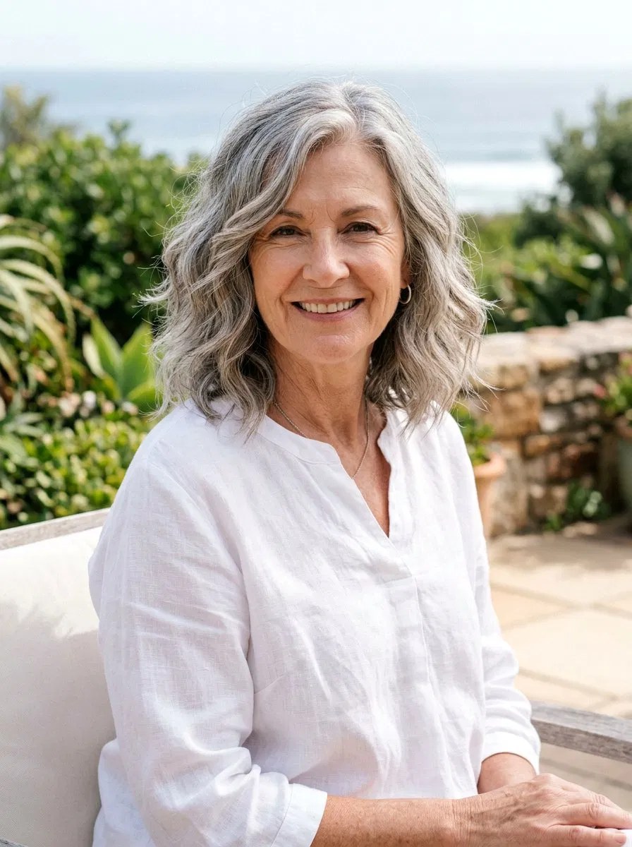 Medium Beachy Waves, Outdoors and Easy — wavy hairstyle on a woman over 70, soft and natural