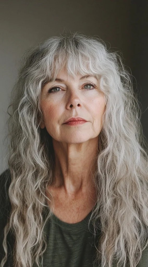 Very Long Natural Waves, Grown-Out and Free — wavy hairstyle on a woman over 70, soft and natural