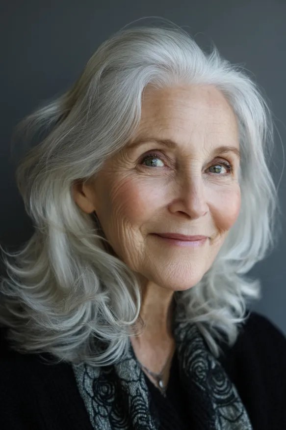 Medium White Waves With a Gentle Side Sweep — wavy hairstyle on a woman over 70, soft and natural