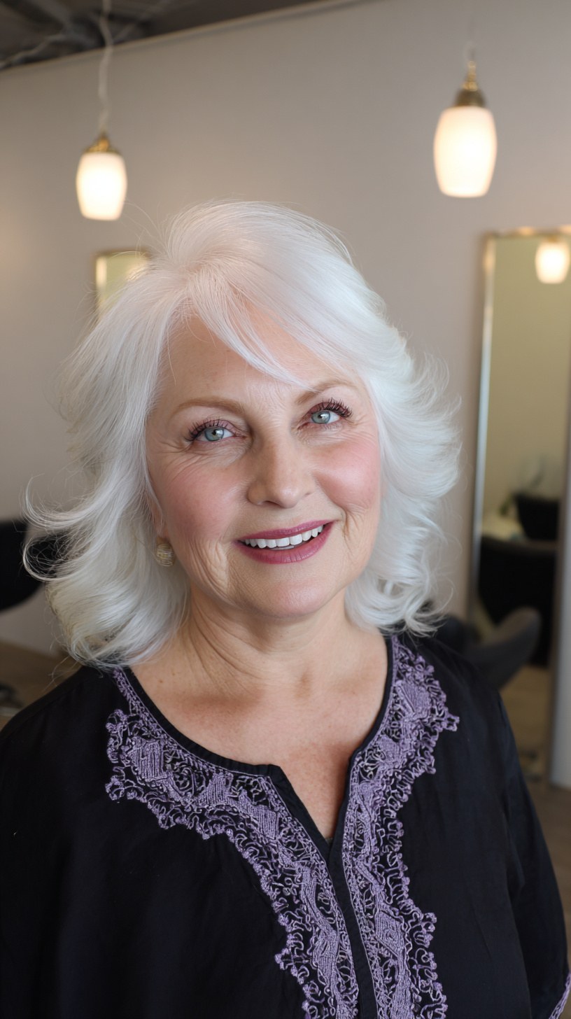 Medium Feathered Waves, Salon-Fresh — wavy hairstyle on a woman over 70, soft and natural