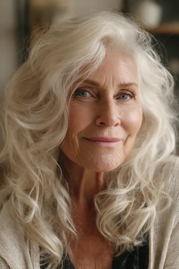 Long Platinum Waves With Volume — wavy hairstyle on a woman over 70, soft and natural