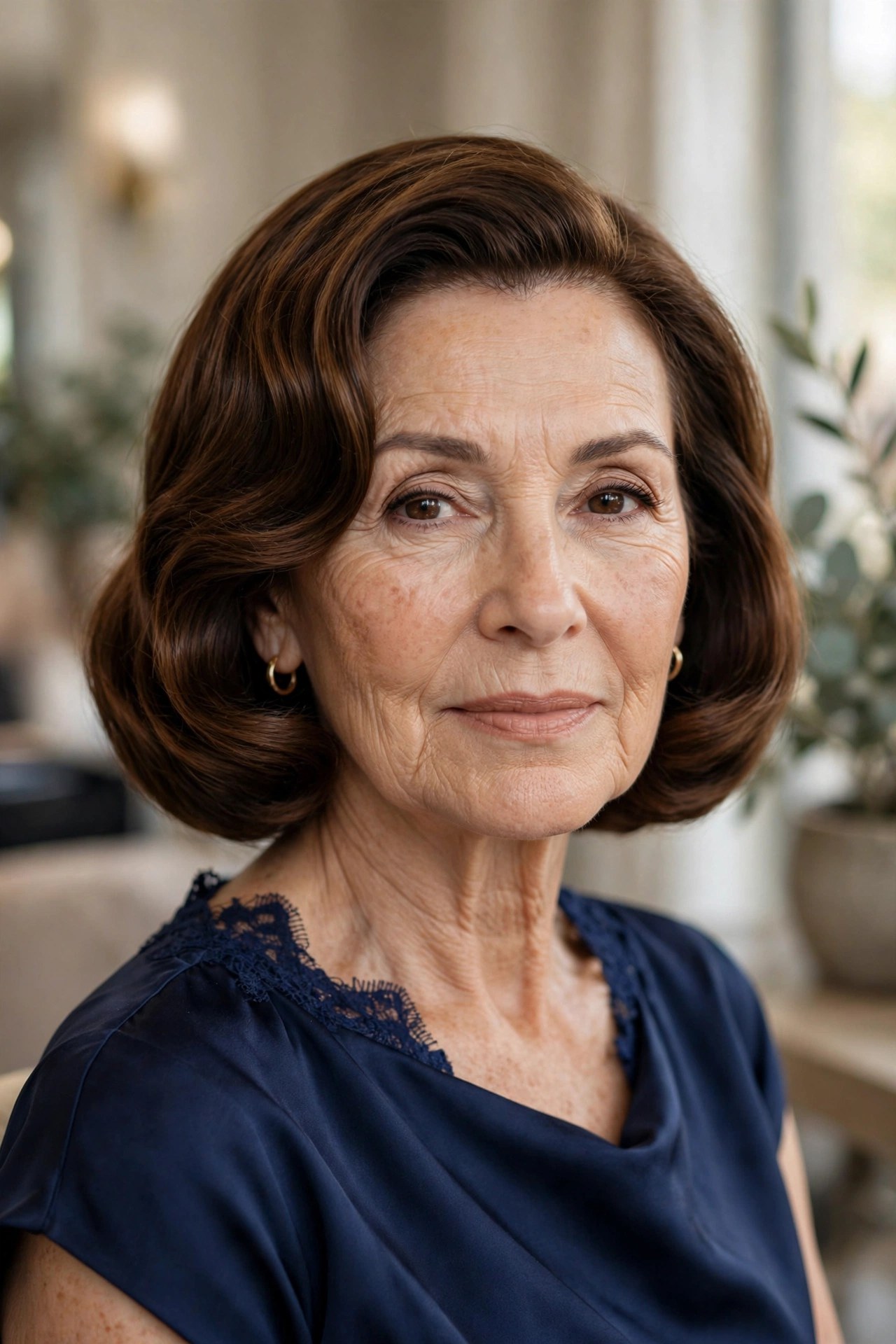 Sculpted Hollywood Waves on a Chin-Length Bob wedding guest hairstyle for a woman over 50 with short hair