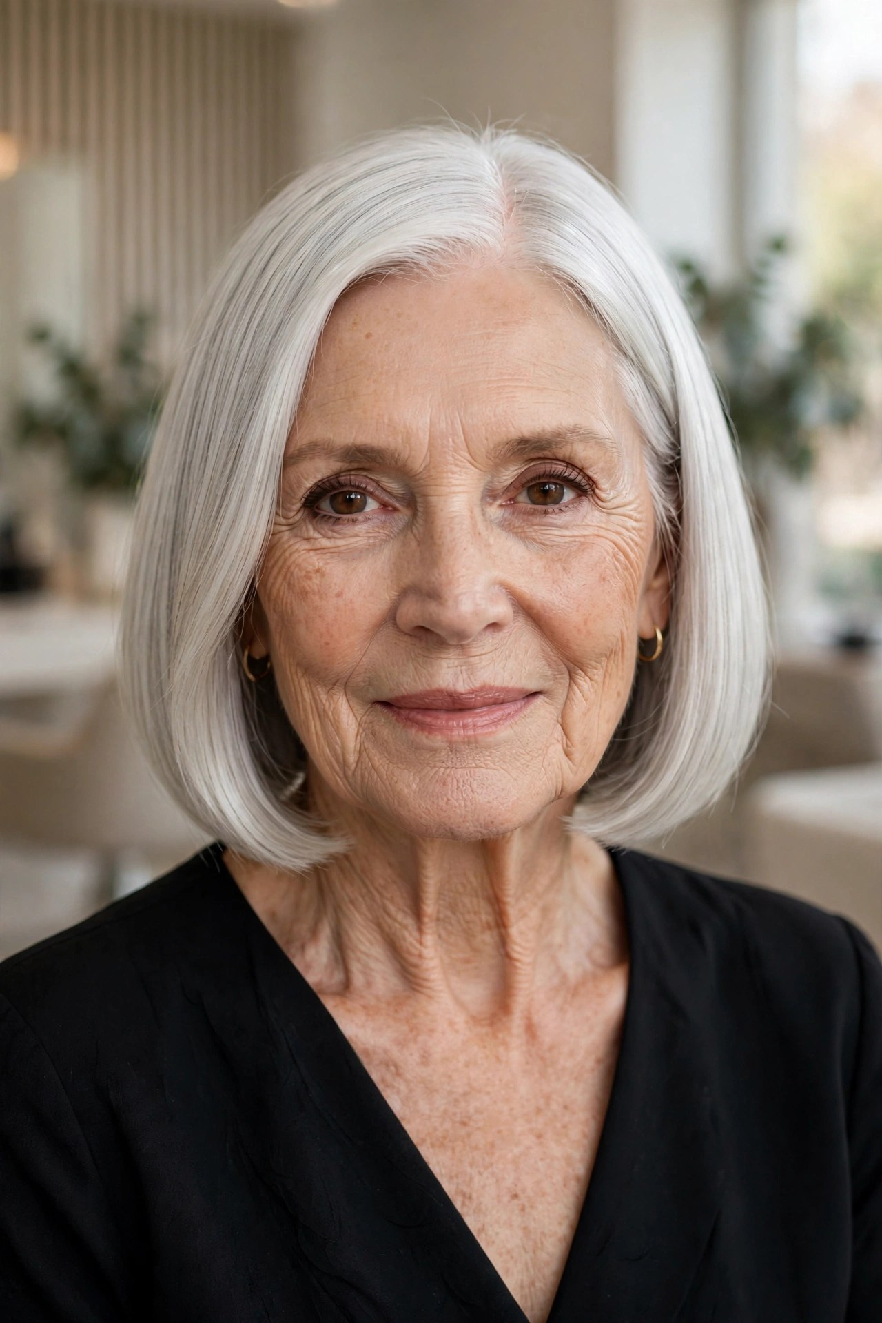 Silver Sleek Bob With Mirror Shine wedding guest hairstyle for a woman over 50 with short hair