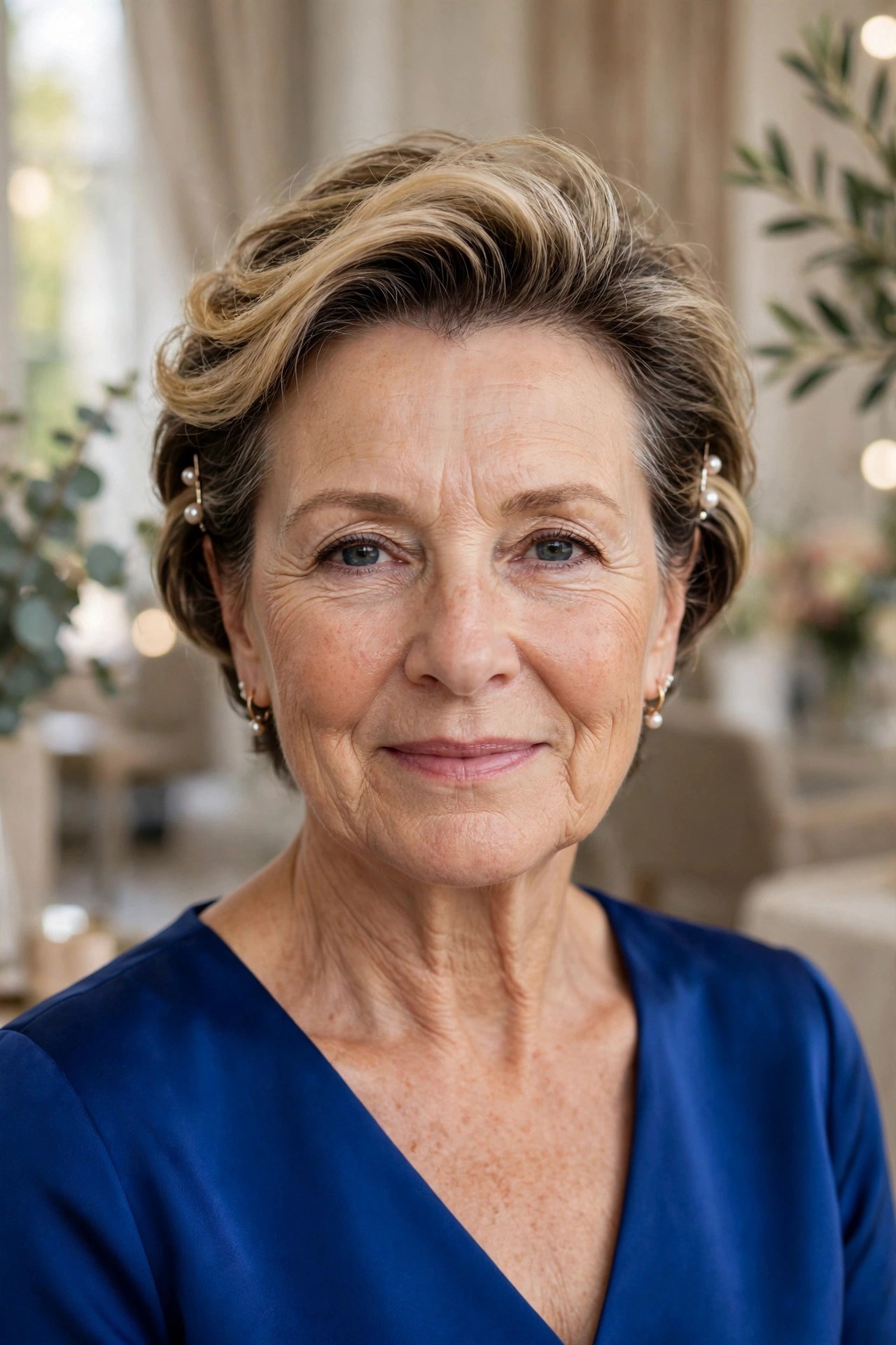 Pinned-Back Sides With Crown Volume wedding guest hairstyle for a woman over 50 with short hair