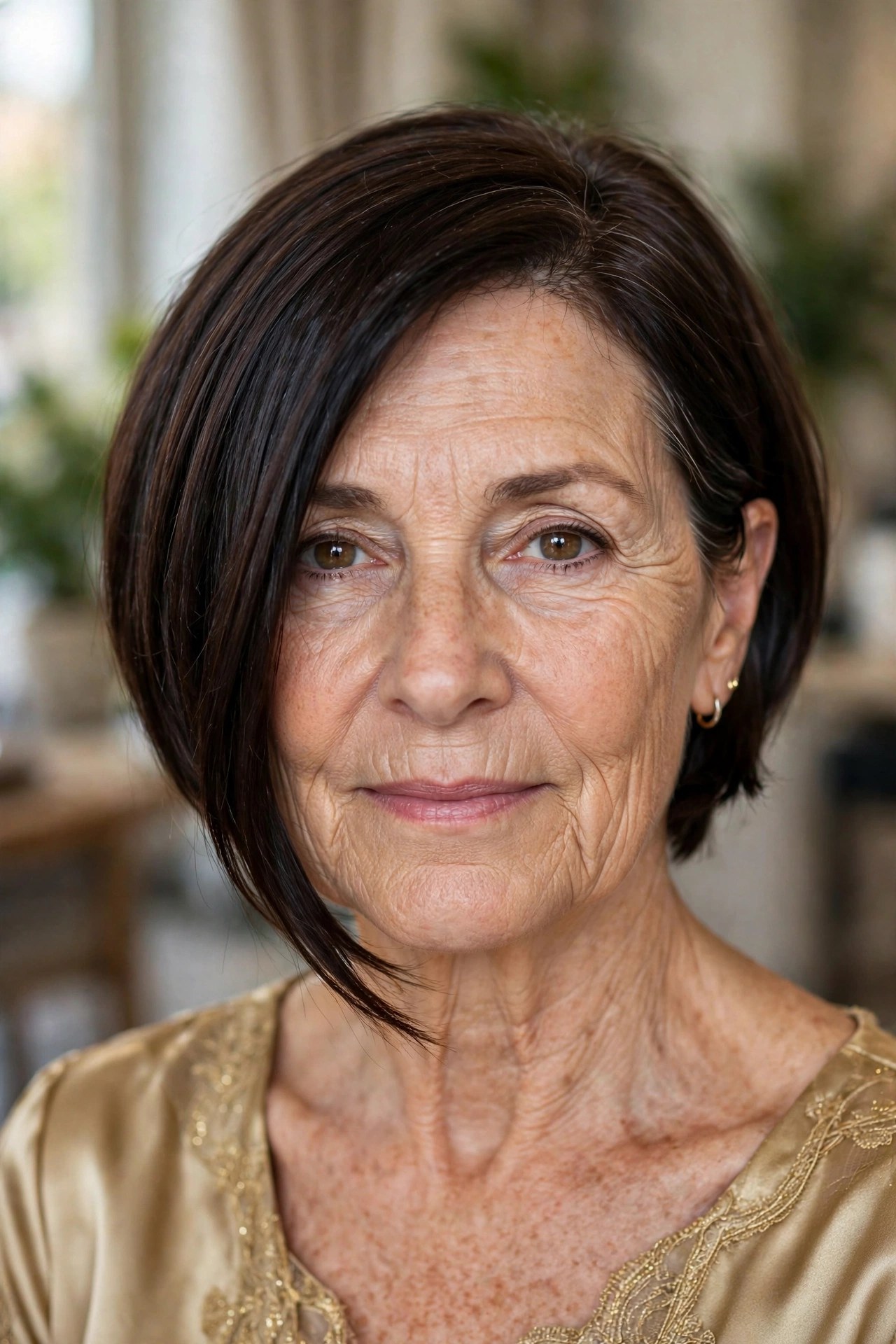 Asymmetrical Bob, Tucked and Polished wedding guest hairstyle for a woman over 50 with short hair