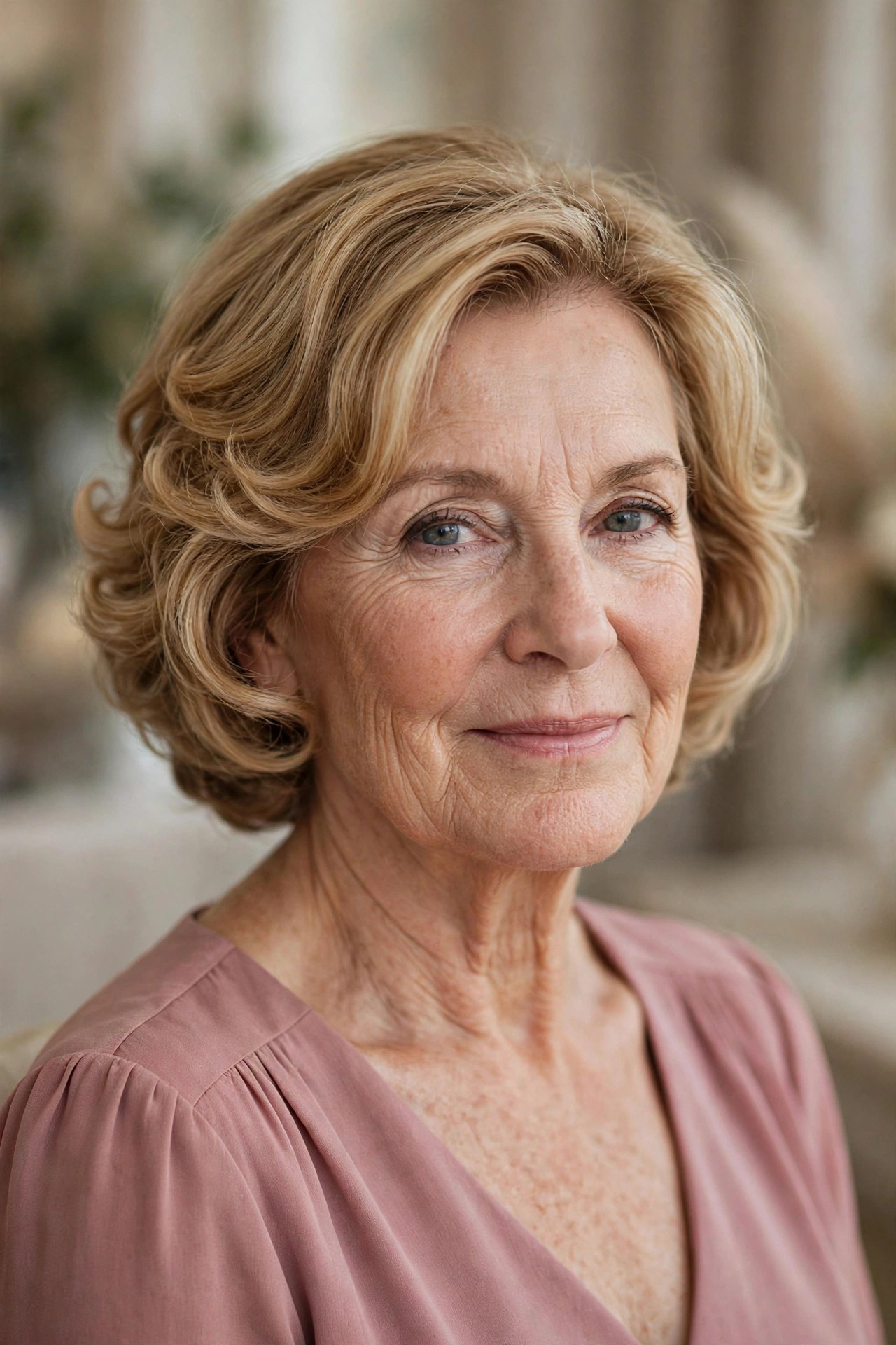 Soft Romantic Curls on a Layered Bob wedding guest hairstyle for a woman over 50 with short hair