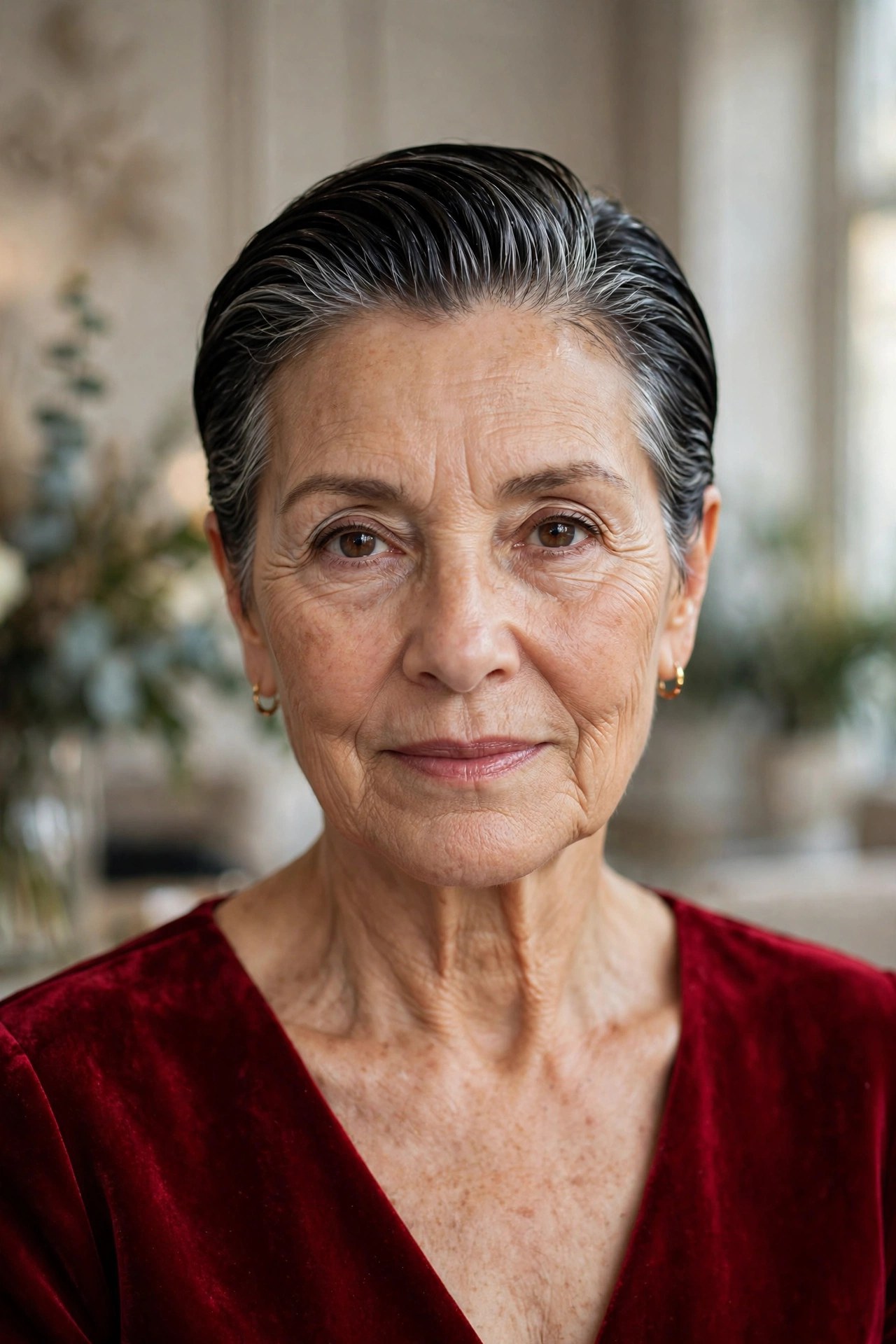 Slicked-Back Glossy Pixie wedding guest hairstyle for a woman over 50 with short hair