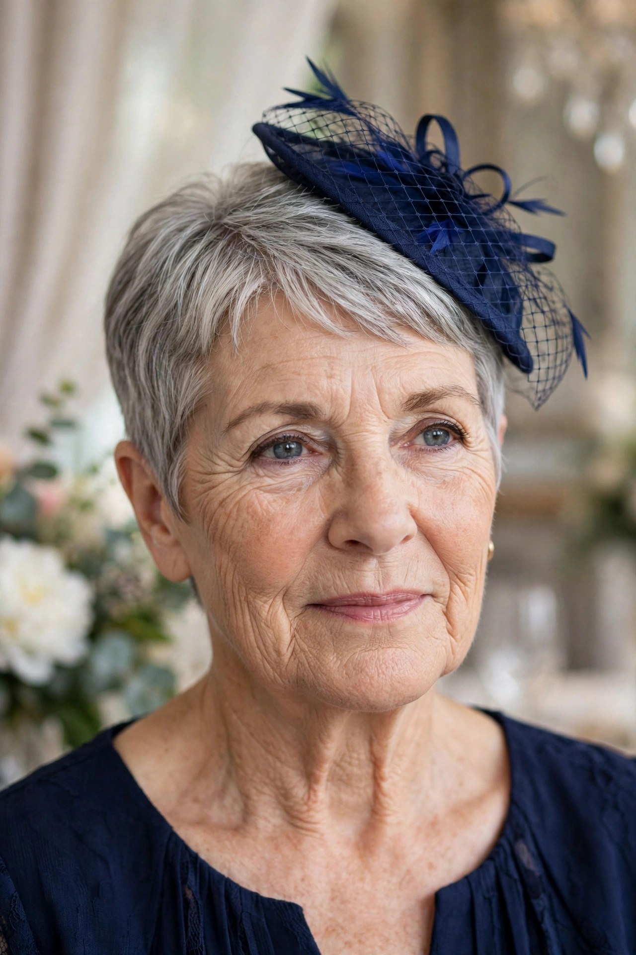 Fascinator-Friendly Smooth Pixie wedding guest hairstyle for a woman over 50 with short hair
