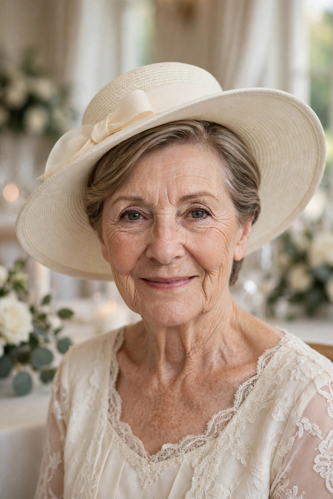 Hat-Friendly Smooth Low Sweep wedding guest hairstyle for a woman over 50 with short hair
