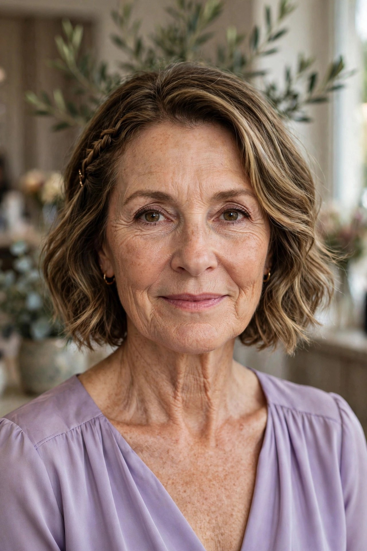 Braided Front Detail on a Short Bob wedding guest hairstyle for a woman over 50 with short hair