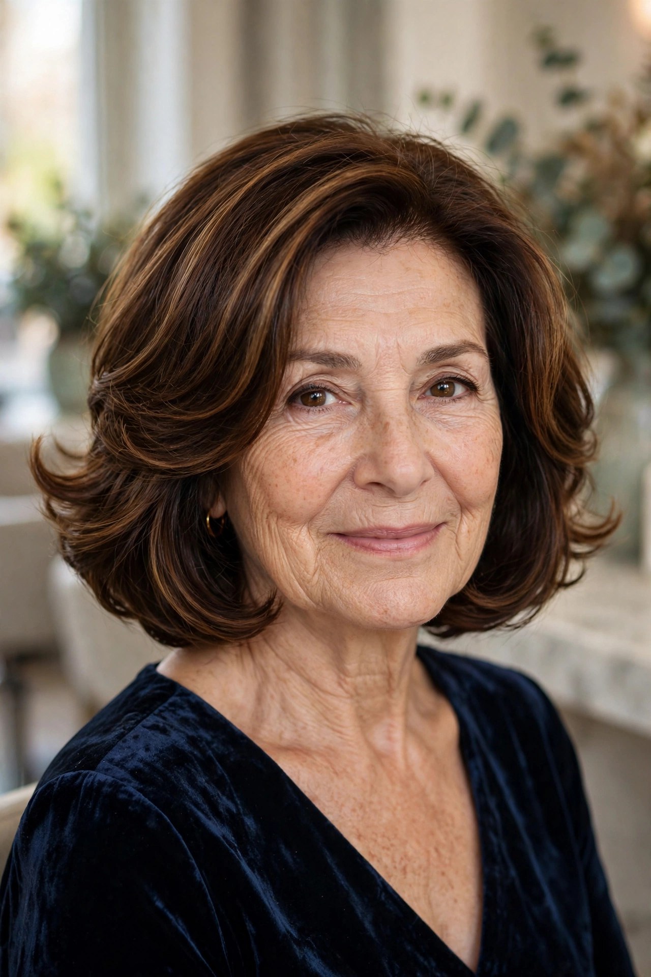 Glossy Blowout Bob With Flipped Ends wedding guest hairstyle for a woman over 50 with short hair
