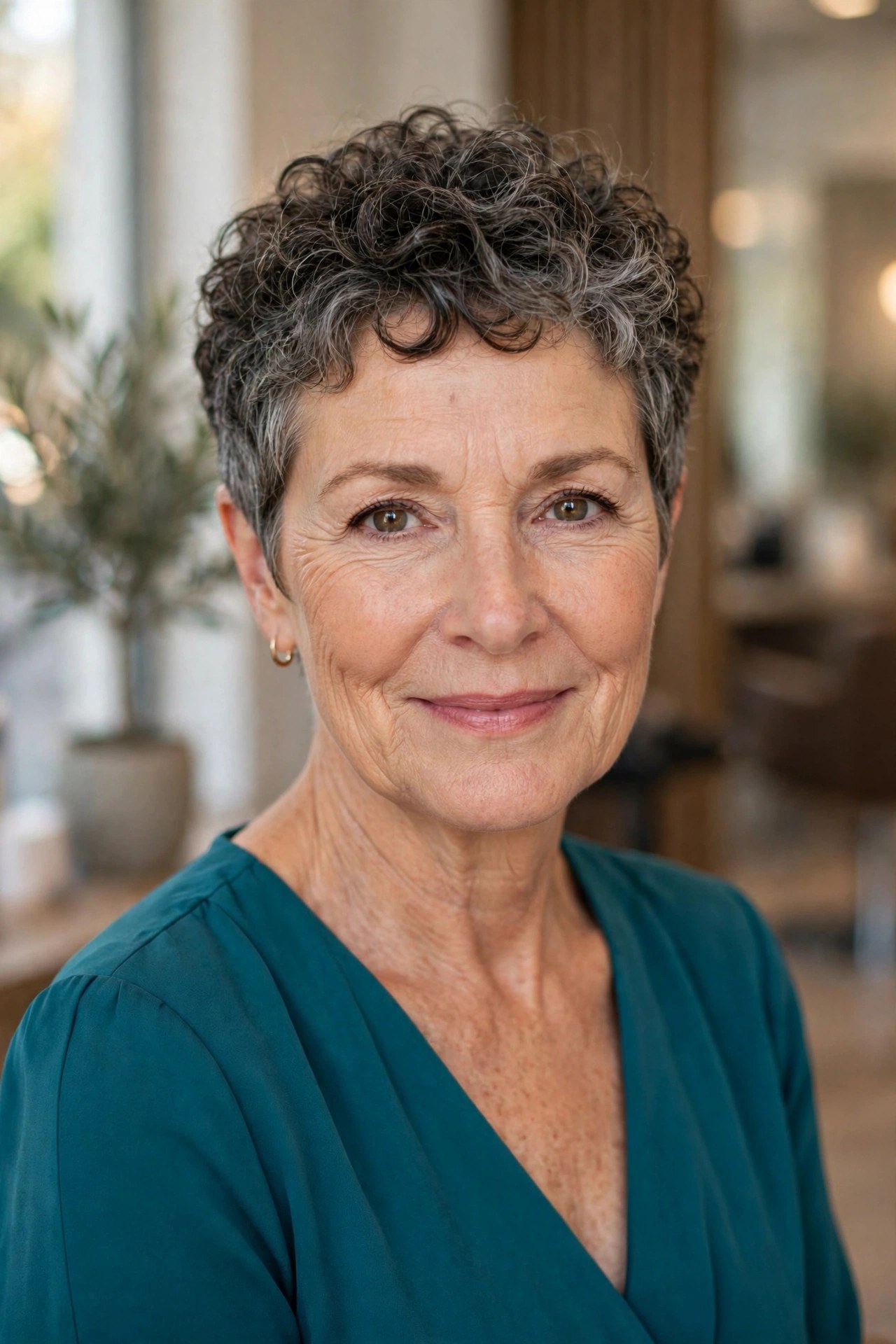 Soft Curly Pixie With Defined Curls wedding guest hairstyle for a woman over 50 with short hair
