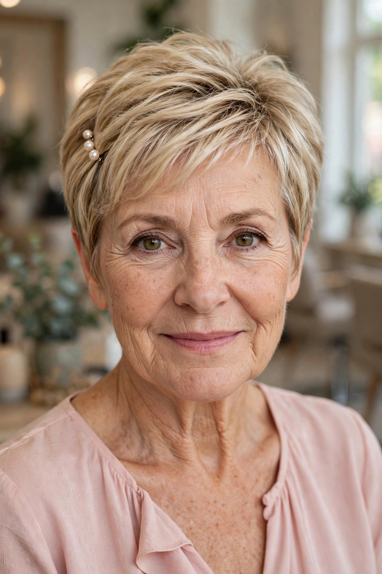 Polished Textured Pixie With Pearl Pins wedding guest hairstyle for a woman over 50 with short hair