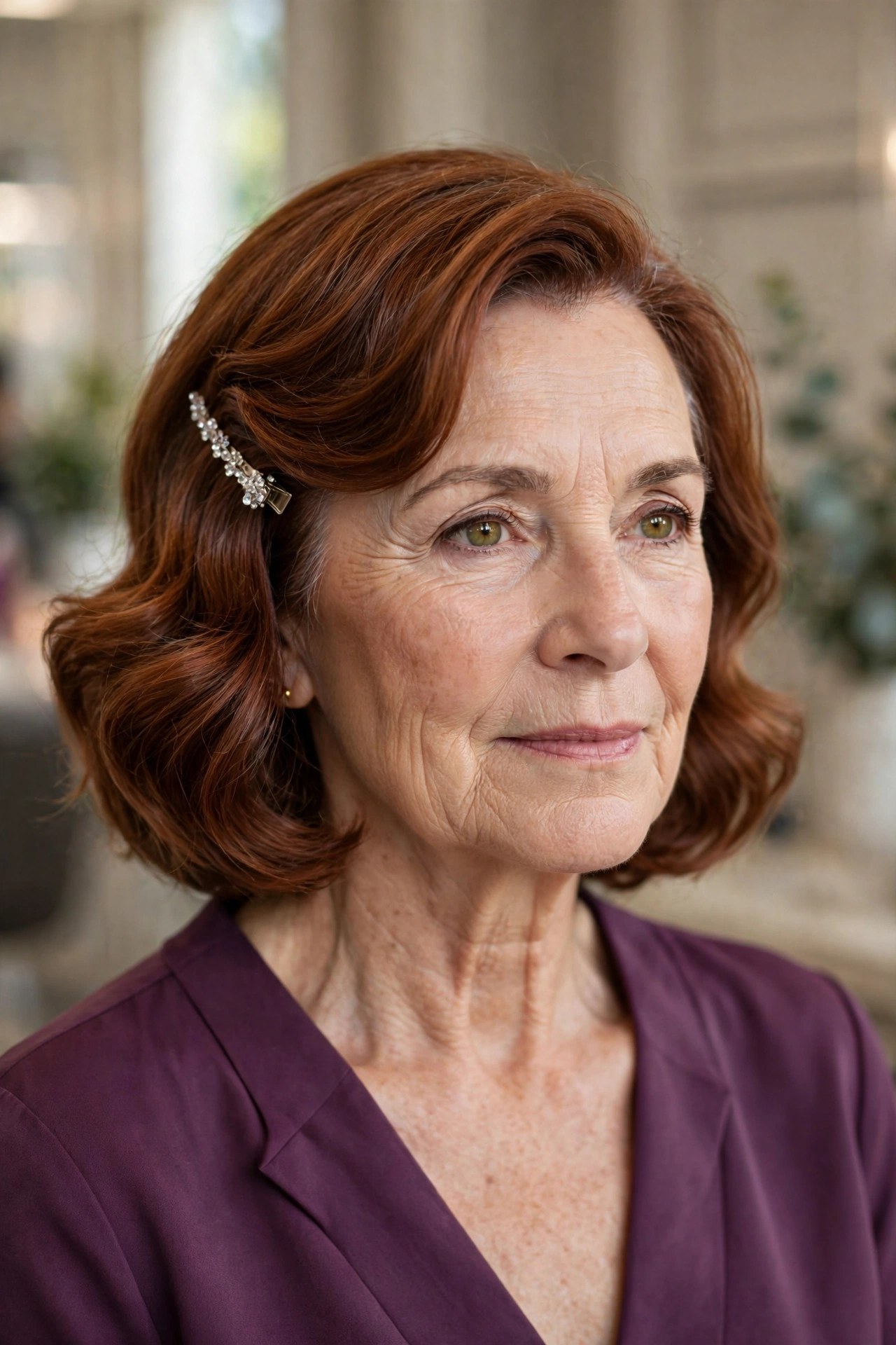 Side-Swept Glam Waves With a Crystal Clip wedding guest hairstyle for a woman over 50 with short hair