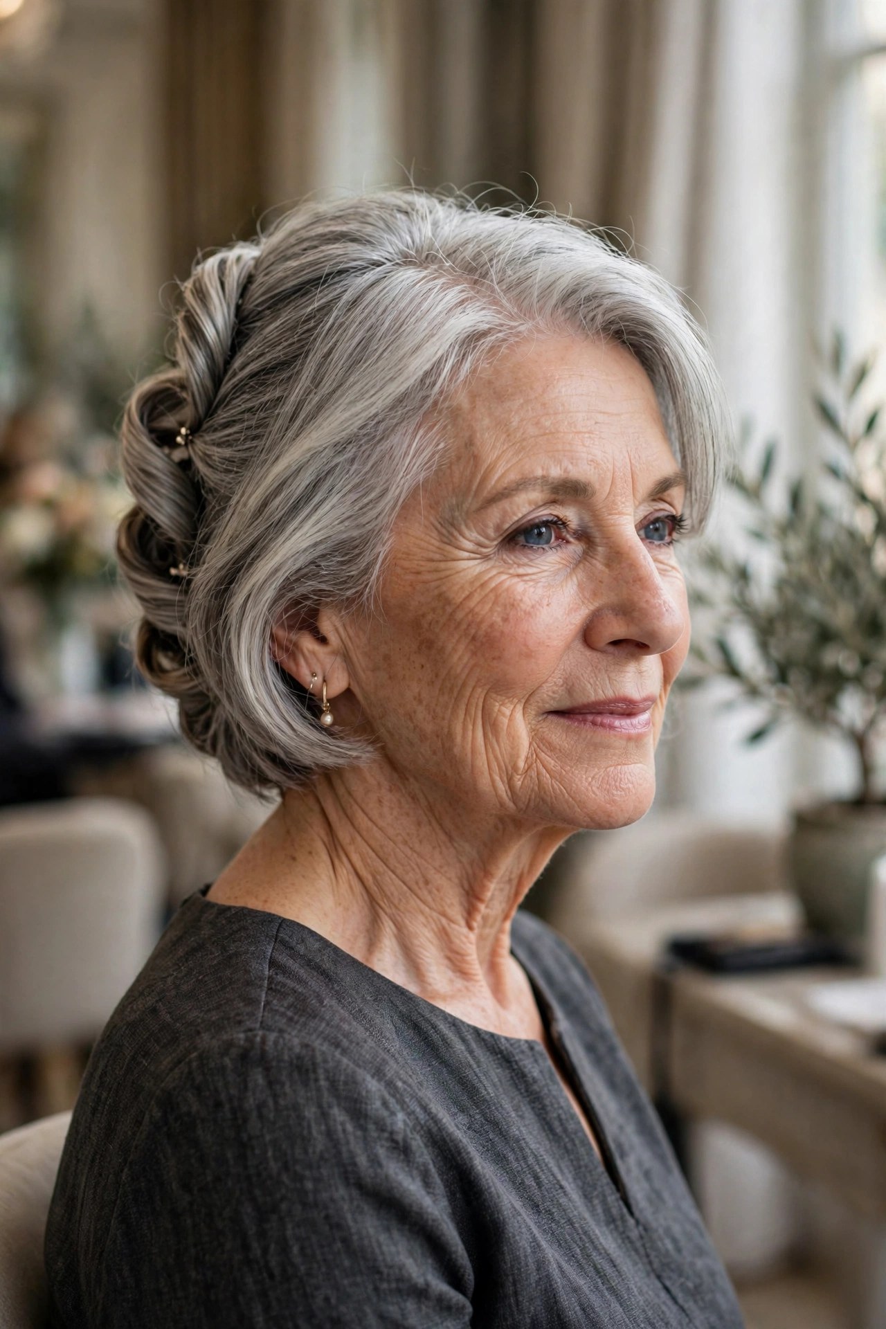 Faux French Twist for Short Hair wedding guest hairstyle for a woman over 50 with short hair