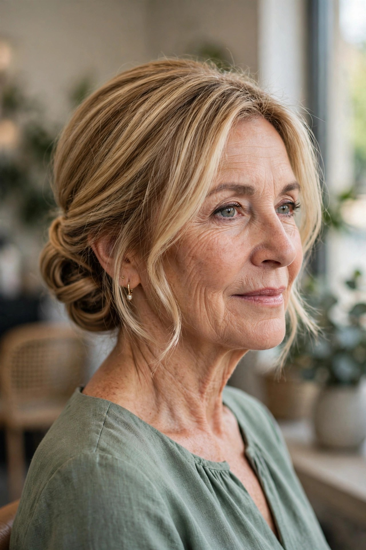 Low Faux Chignon on a Short Bob wedding guest hairstyle for a woman over 50 with short hair