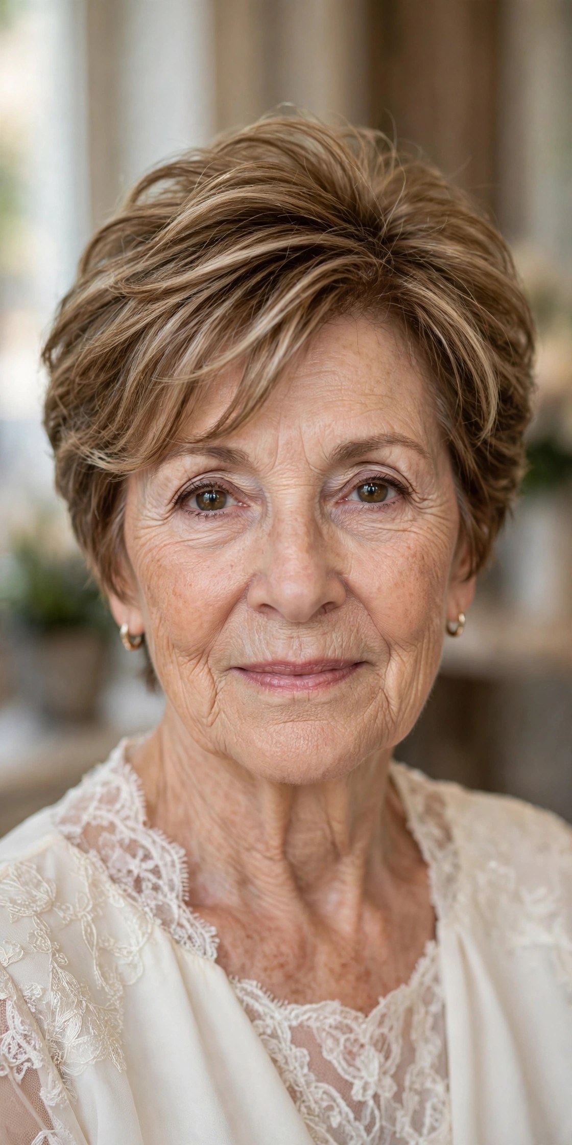 Feathered Layers With a Face-Framing Sweep wedding guest hairstyle for a woman over 50 with short hair