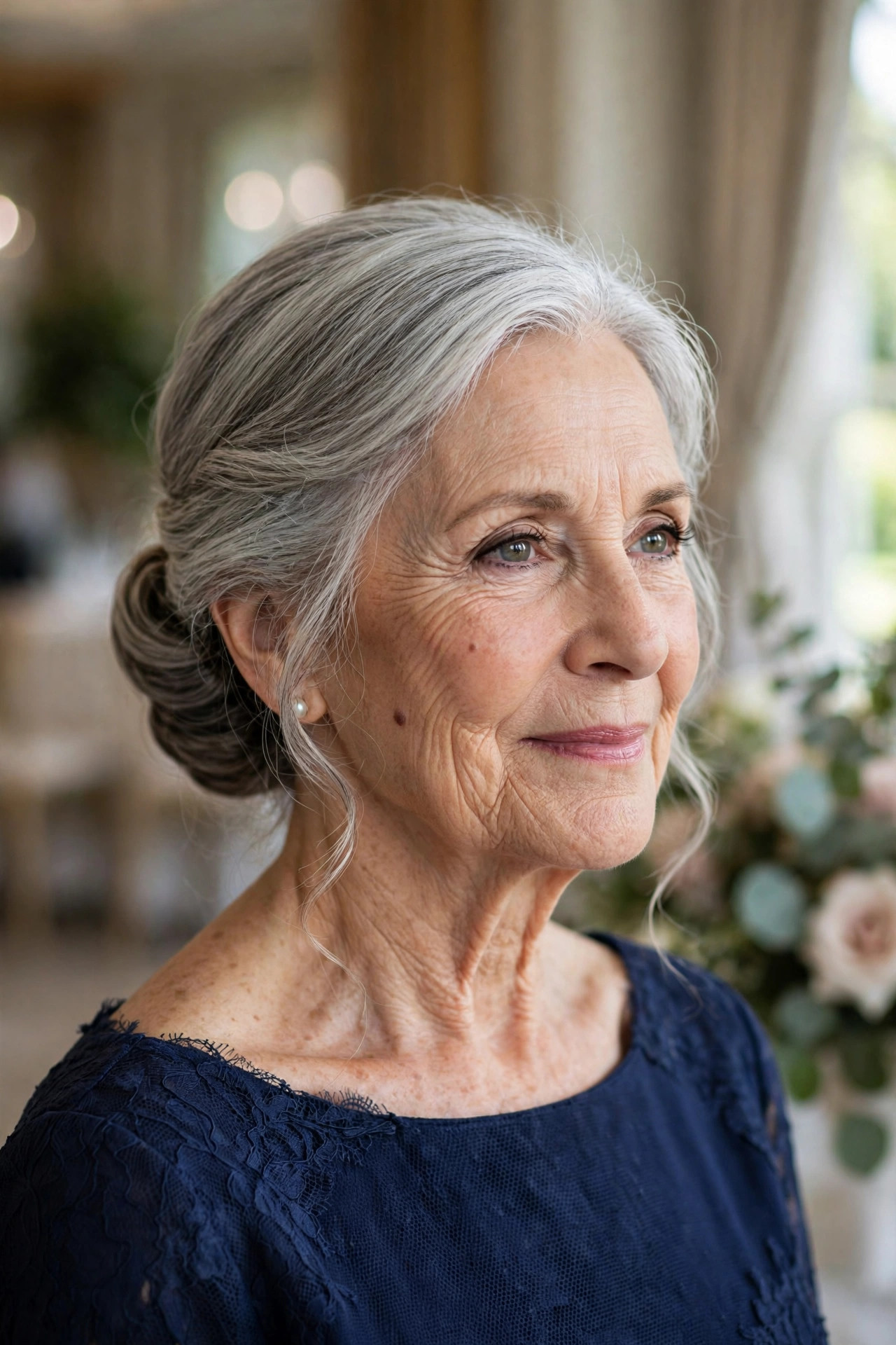 Classic Low Chignon with Soft Face-Framing Pieces wedding guest hairstyle for a woman over 60