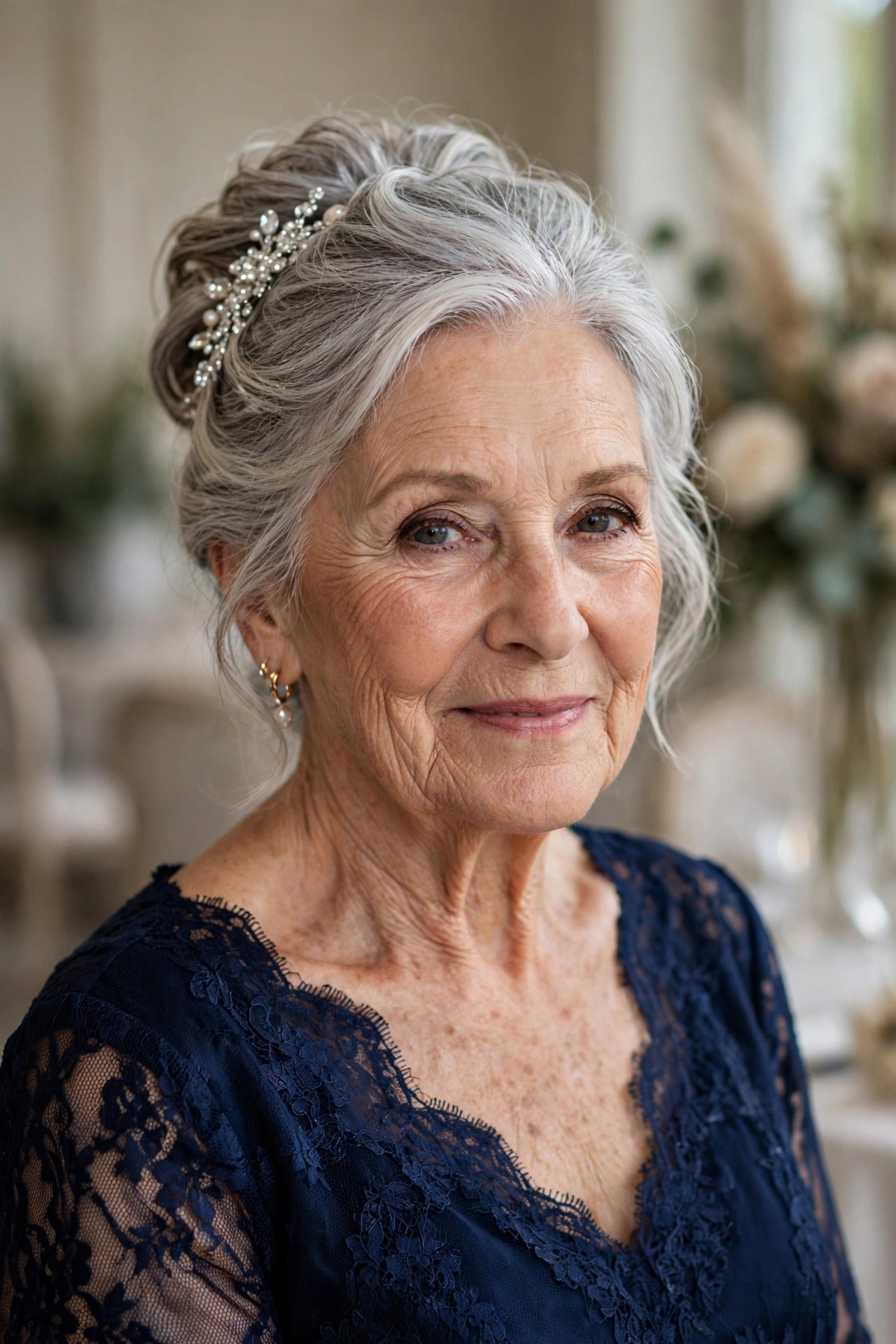 Softly Textured Updo with a Jeweled Pin wedding guest hairstyle for a woman over 60
