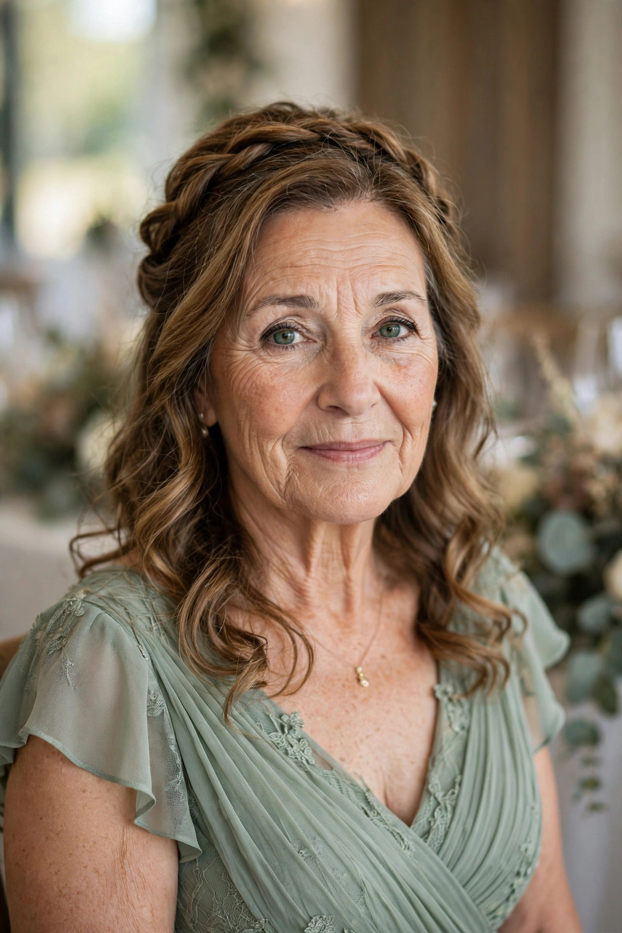 Half-Up Braided Halo with Soft Curls wedding guest hairstyle for a woman over 60