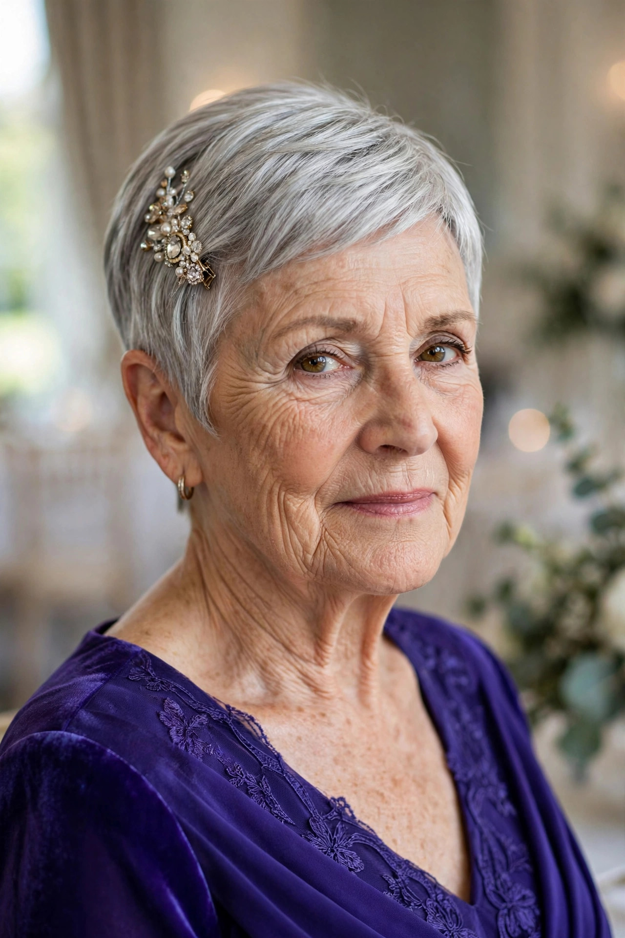 Polished Pixie with a Jeweled Clip wedding guest hairstyle for a woman over 60