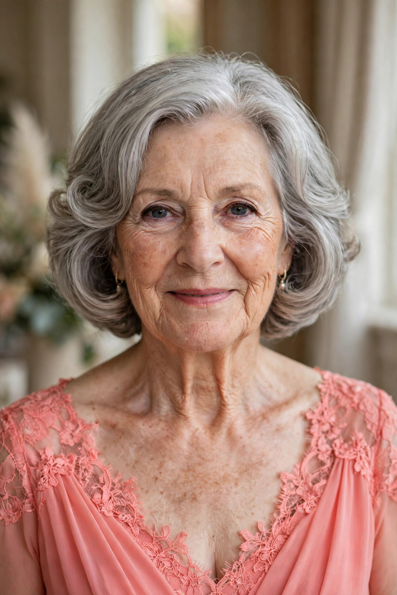 Chin-Length Bob with Soft Curls and Shine wedding guest hairstyle for a woman over 60