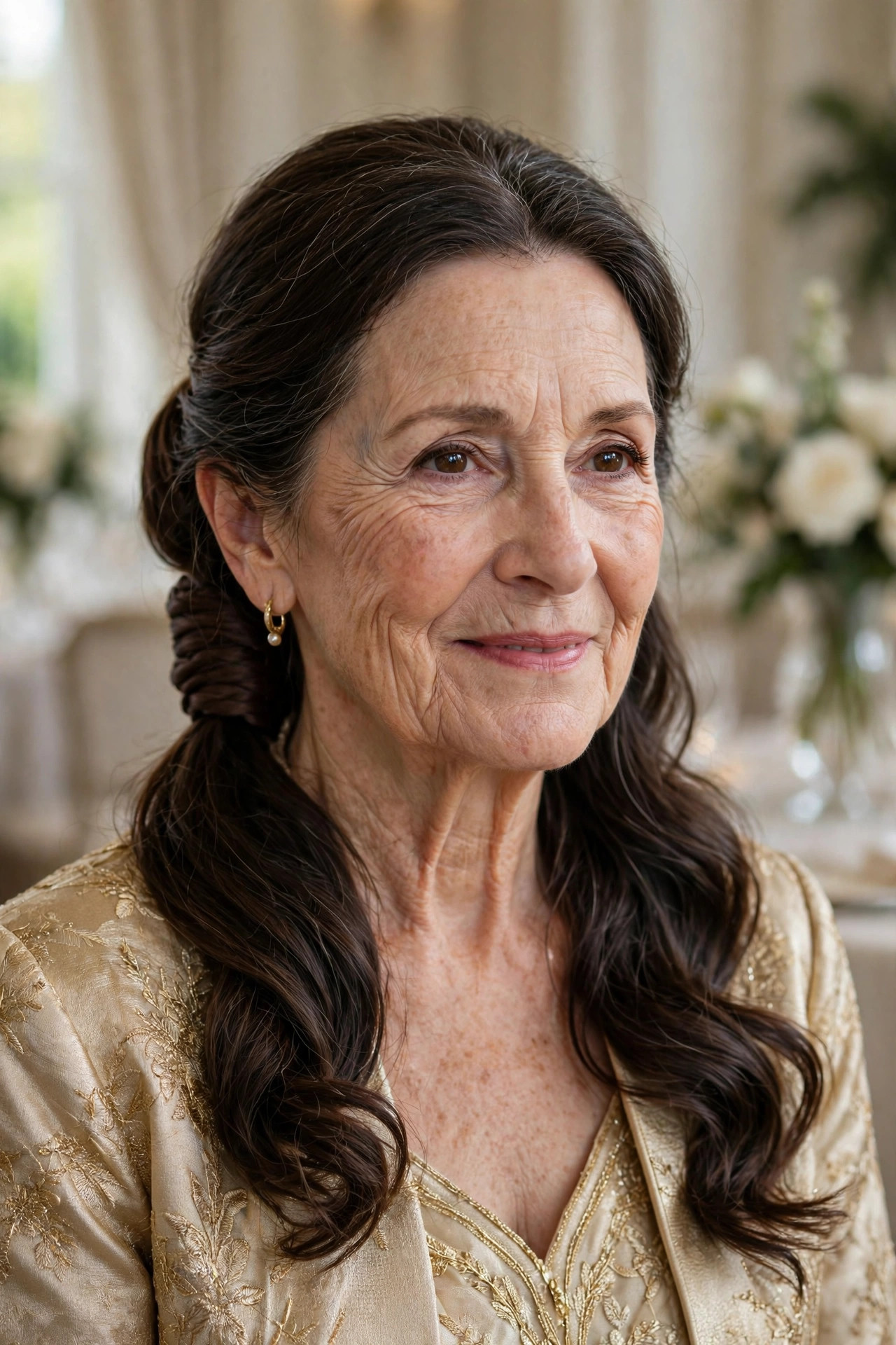 Low Ponytail with a Wrapped Base and Soft Waves wedding guest hairstyle for a woman over 60