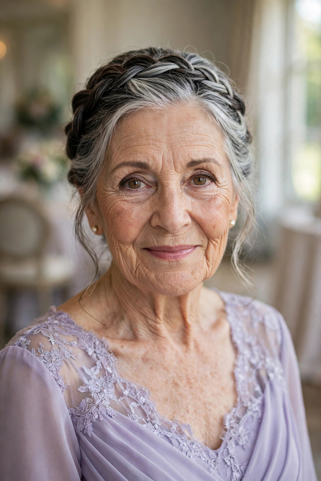 Soft Braided Crown Updo wedding guest hairstyle for a woman over 60