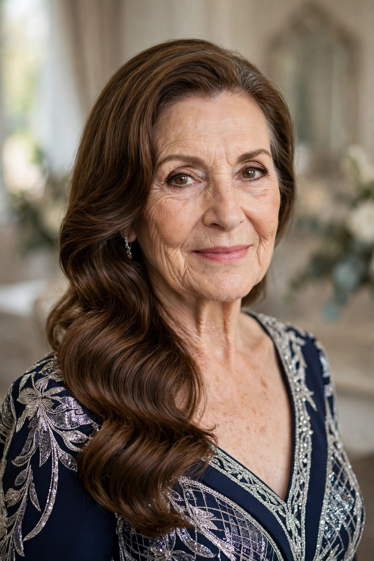 Side-Parted Glam Waves for Long Hair wedding guest hairstyle for a woman over 60