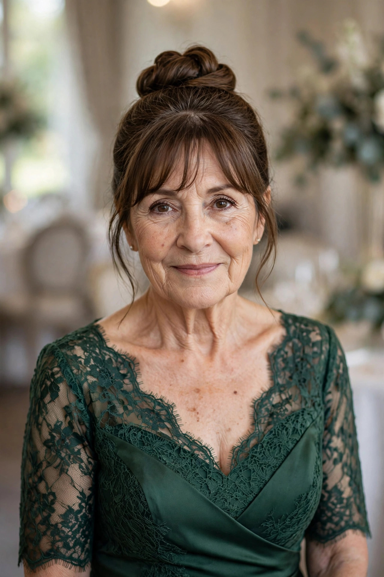 Neat Top Knot with Soft Wispy Bangs wedding guest hairstyle for a woman over 60