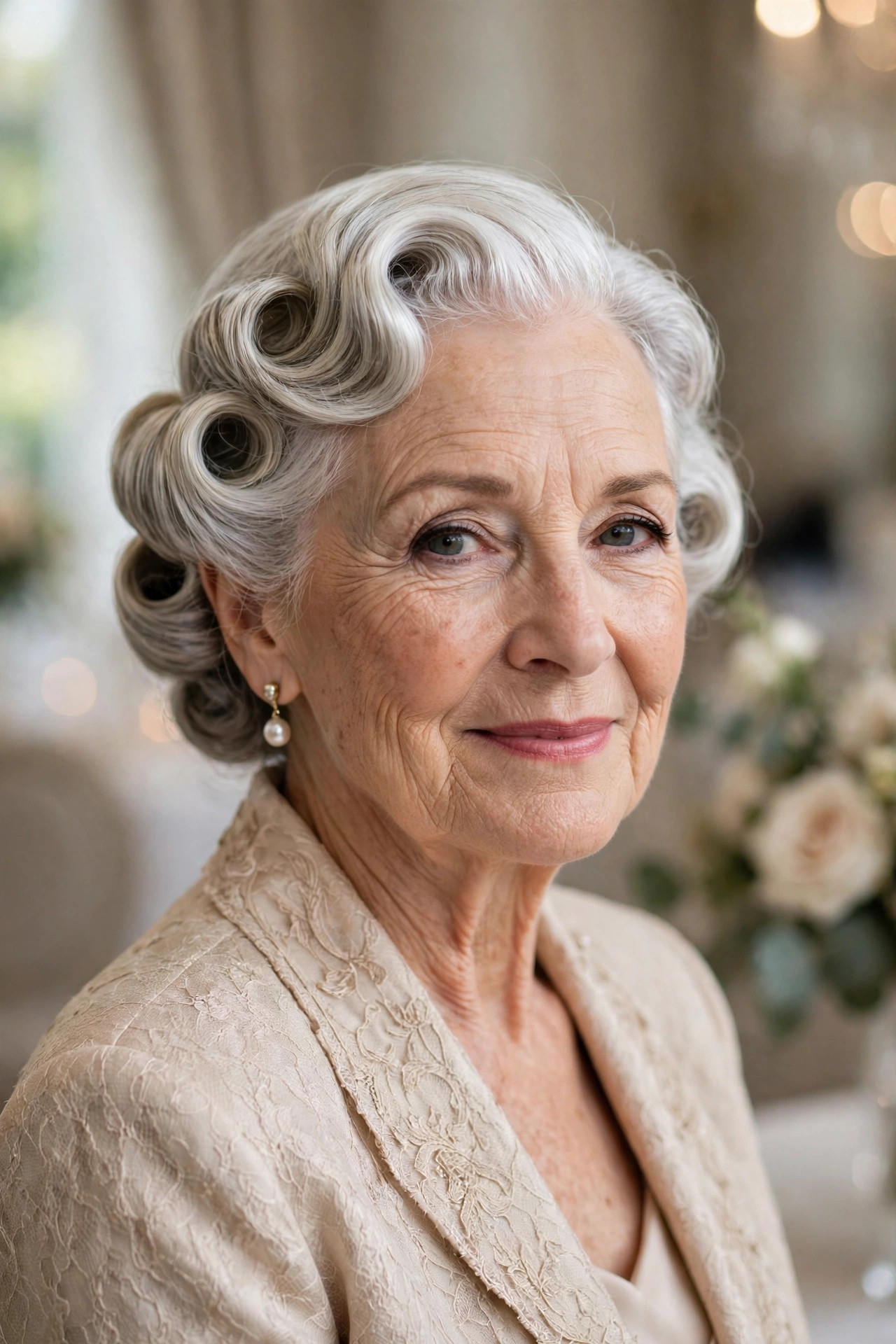 Vintage-Inspired Pin-Curl Updo wedding guest hairstyle for a woman over 60